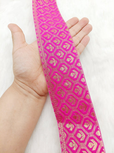 Jacquard Saree Border, Fuchsia Pink And Gold Woven Thread Work Trim, Jacquard Trimming Decorative Trim